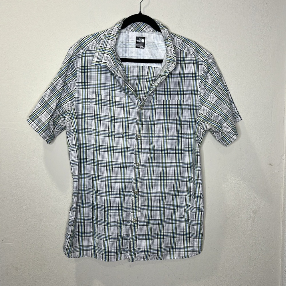 The North Face Plaid Short Sleeve Shirt Mens Large Green Brown White Nylon Blend